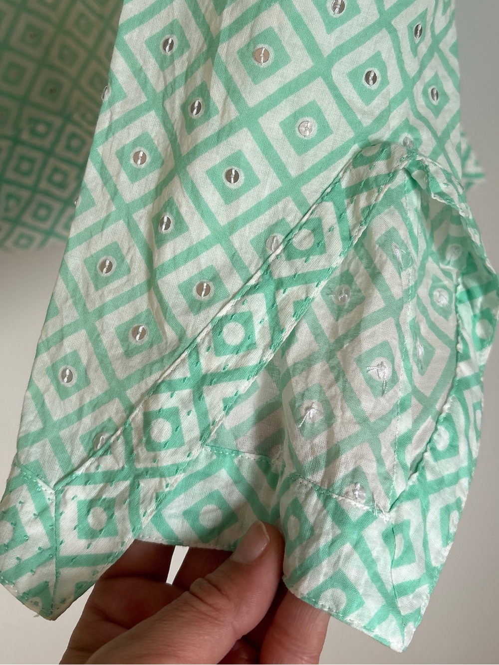 Tory Burch Mint Sequinned Geometric V-Neck Cotton Blouse - Picture 6 of 12